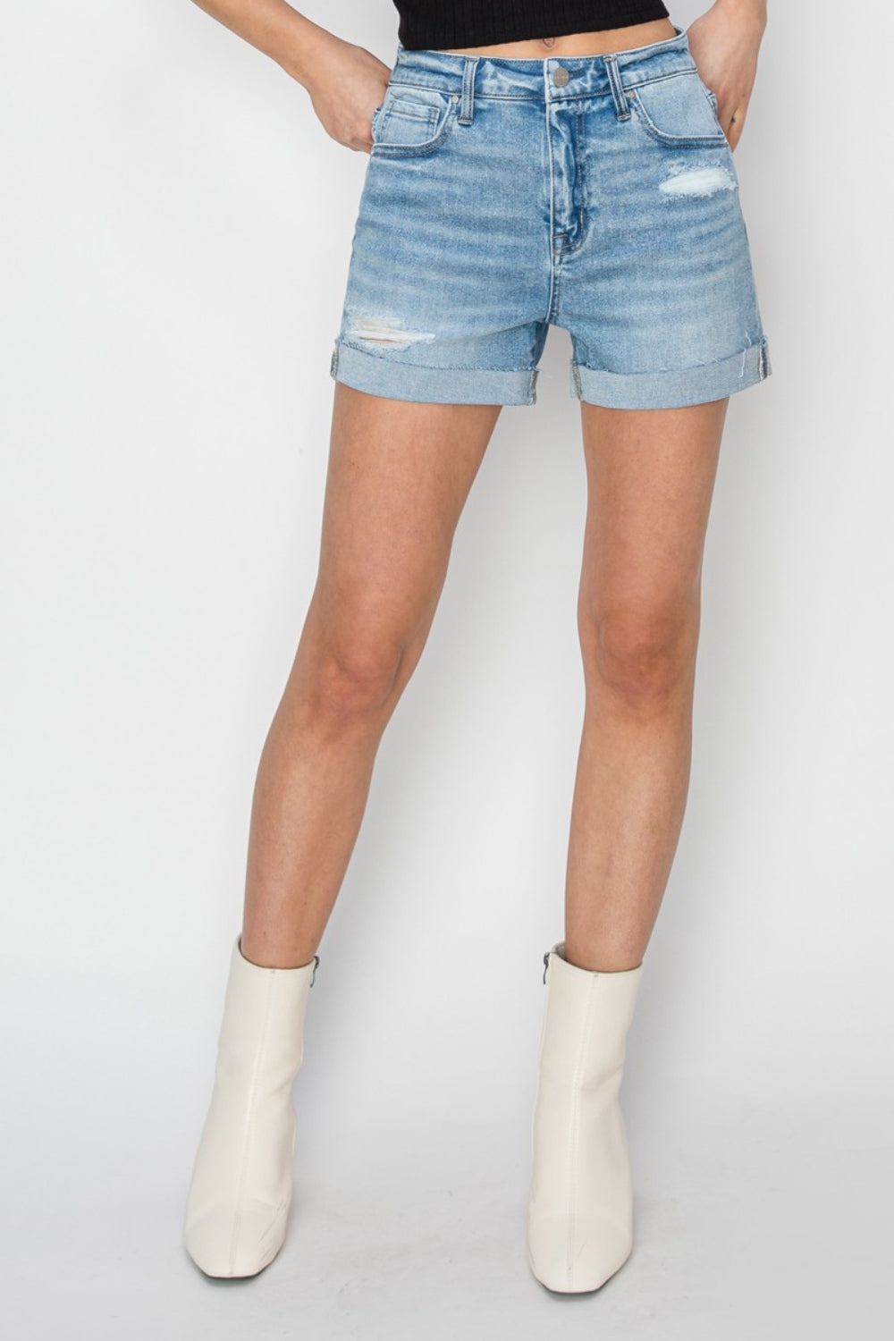 RISEN Distressed Mid-Rise Waist Denim Shorts Sunset and Swim Light S 