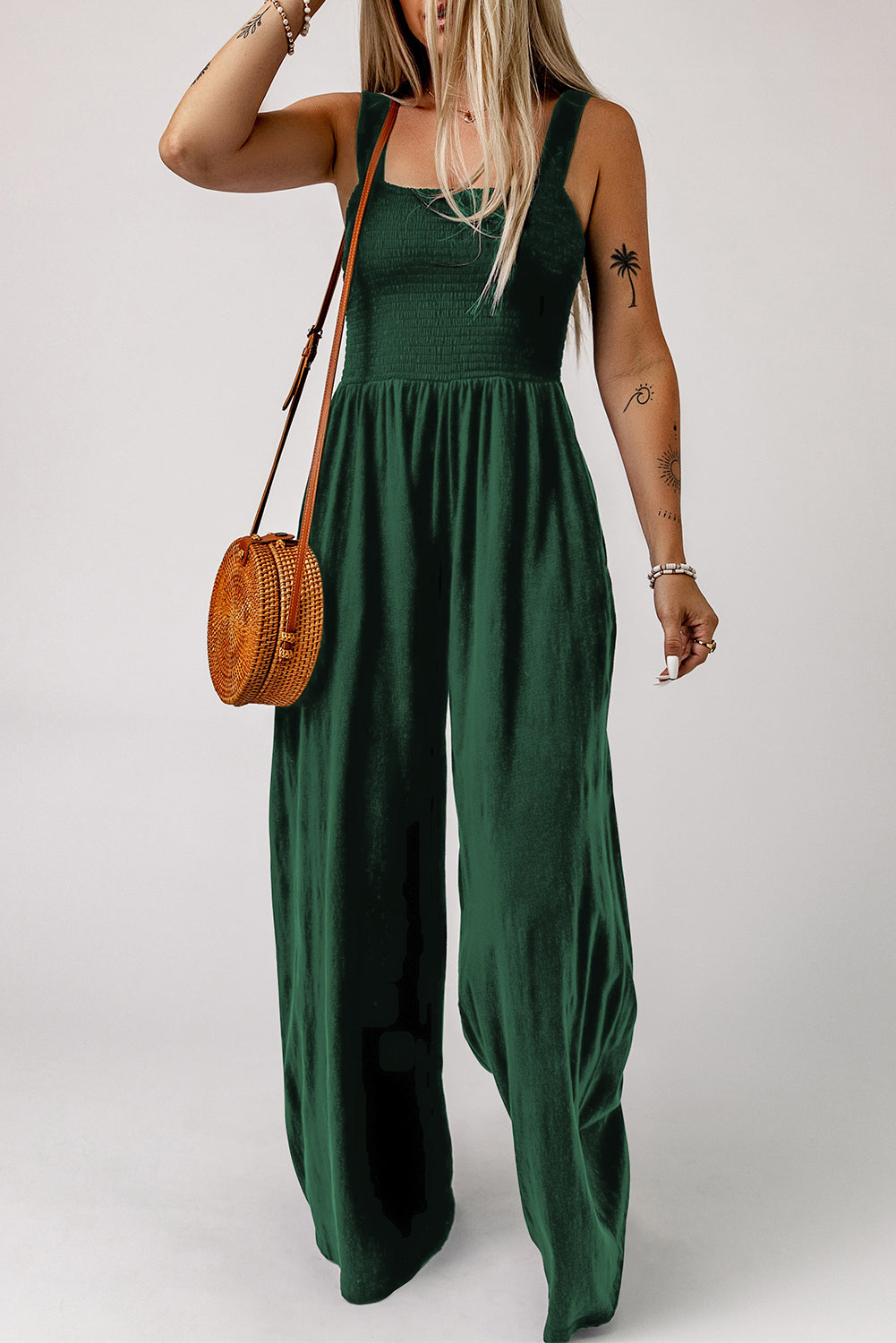 Smocked Square Neck Wide Leg Jumpsuit with Pockets Sunset and Swim   
