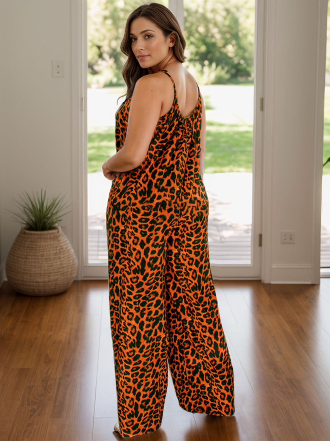 Full Size Leopard Scoop Neck Wide Leg Jumpsuit Sunset and Swim Terracotta S 