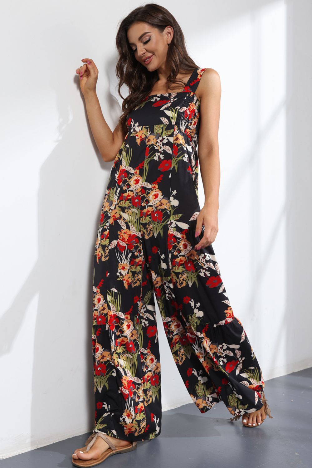 Floral Square Neck Wide Leg Jumpsuit Sunset and Swim   