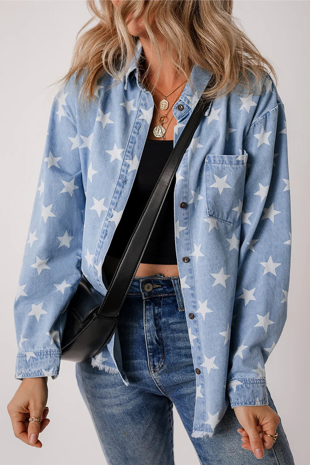 Star Button Up Long Sleeve Denim Jacket Sunset and Swim Light S 