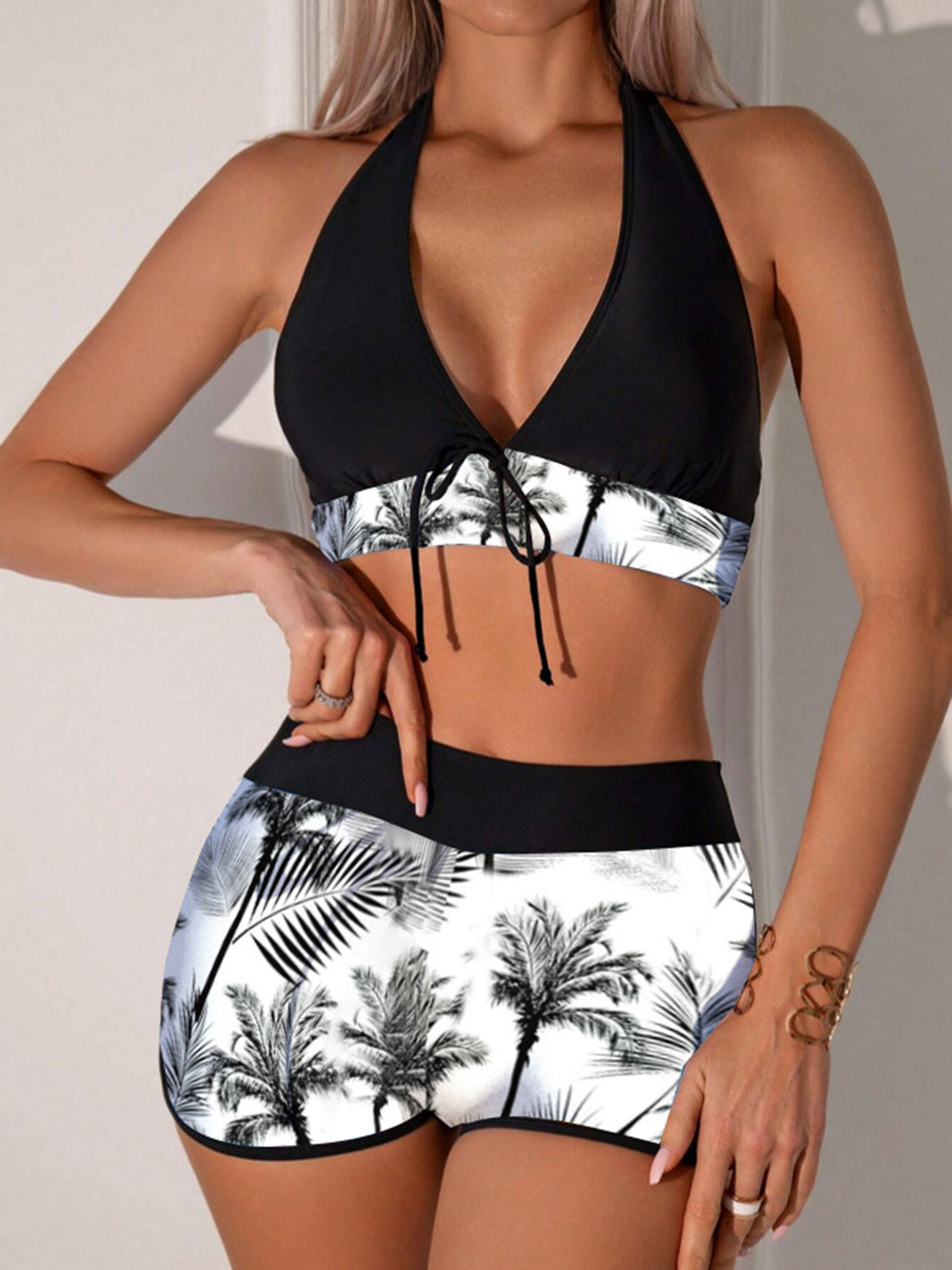 Printed Halter Neck Two-Piece Swim Set Sunset and Swim White S 