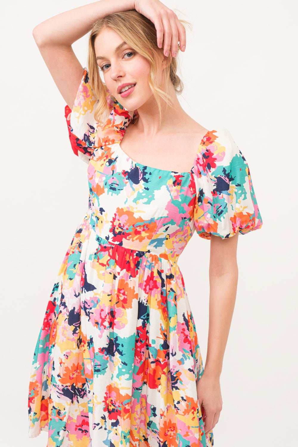 And The Why Square Neck Puff Sleeve Floral Dress Sunset and Swim   