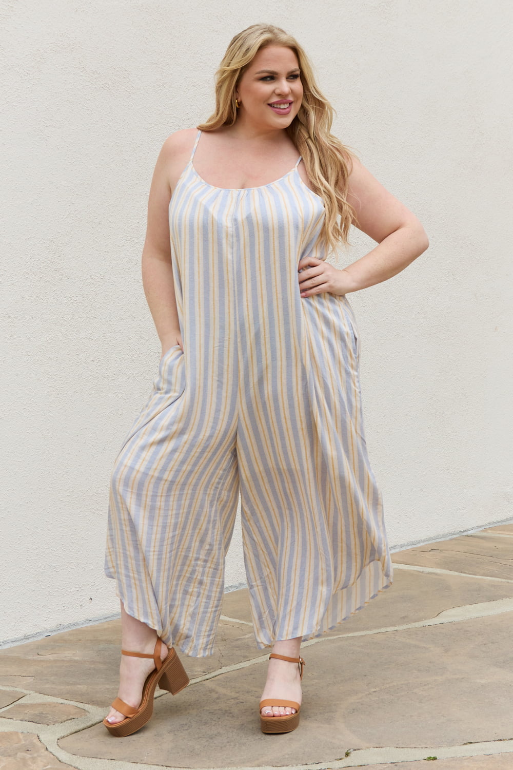 HEYSON Full Size Multi Colored Striped Jumpsuit with Pockets  Sunset and Swim Stripe S 