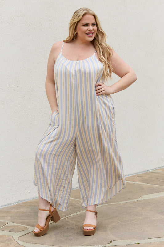 HEYSON Full Size Multi Colored Striped Jumpsuit with Pockets  Sunset and Swim Stripe S 