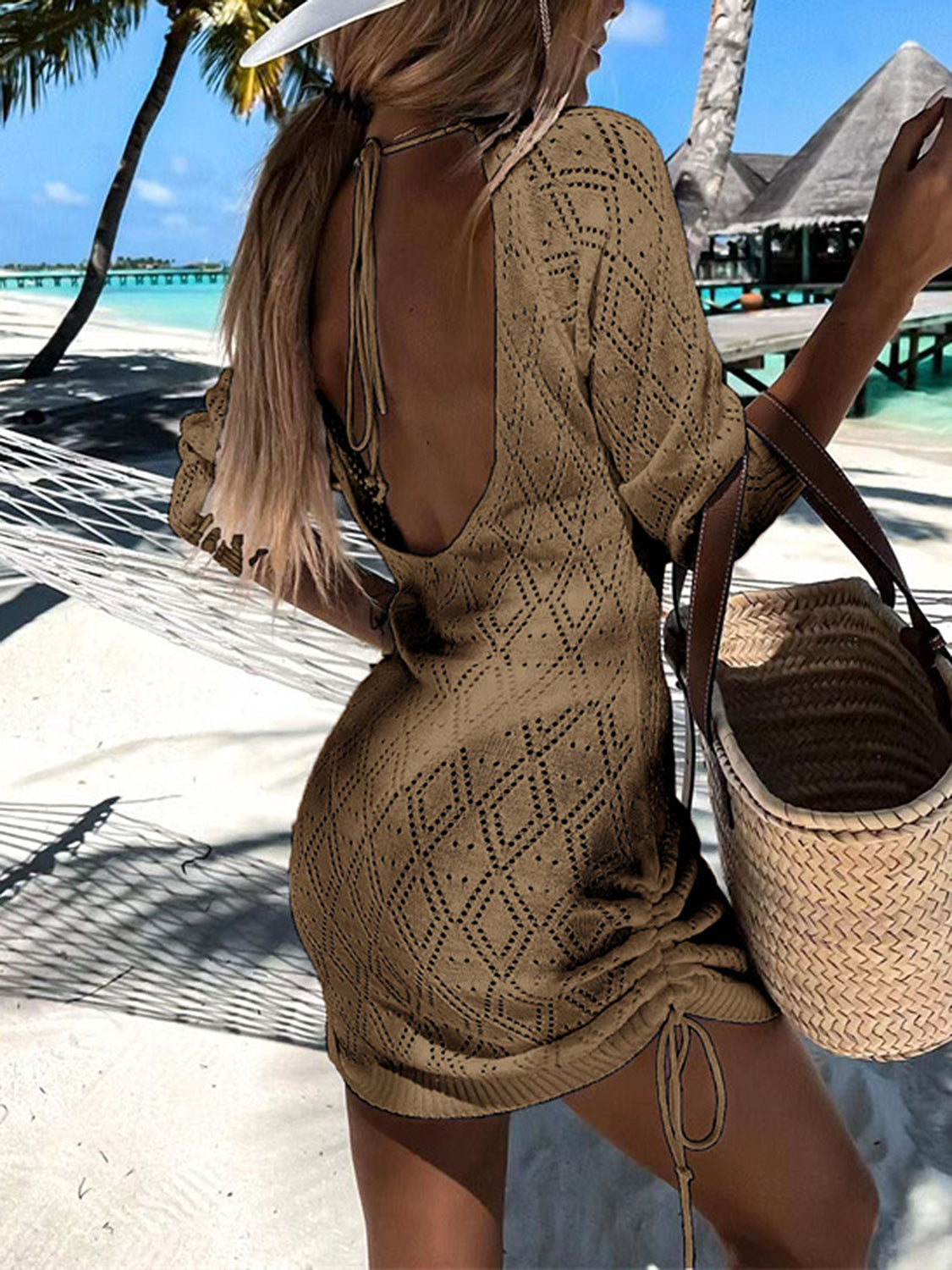 Sunset Vacation  Backless Openwork Drawstring Round Neck Cover Up  Sunset and Swim   