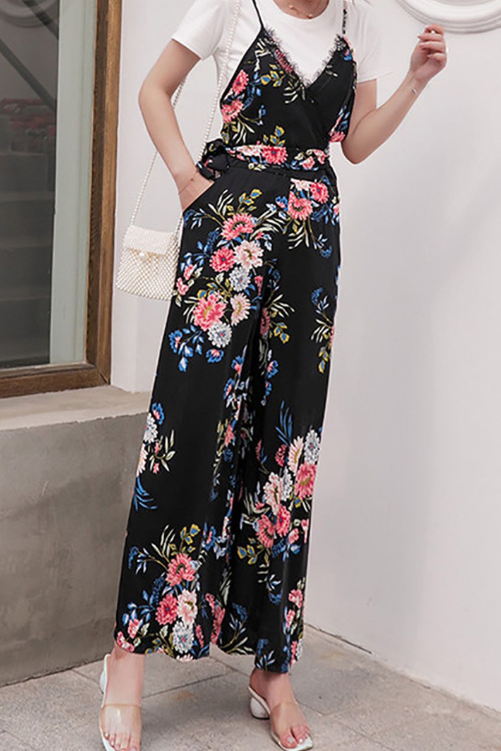 Floral Spaghetti Strap Wide Leg Jumpsuit with Pockets  Sunset and Swim Black M 