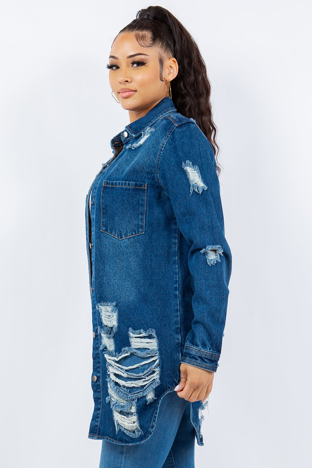 American Bazi Distressed Button Up Long Sleeve Denim Jacket Sunset and Swim   