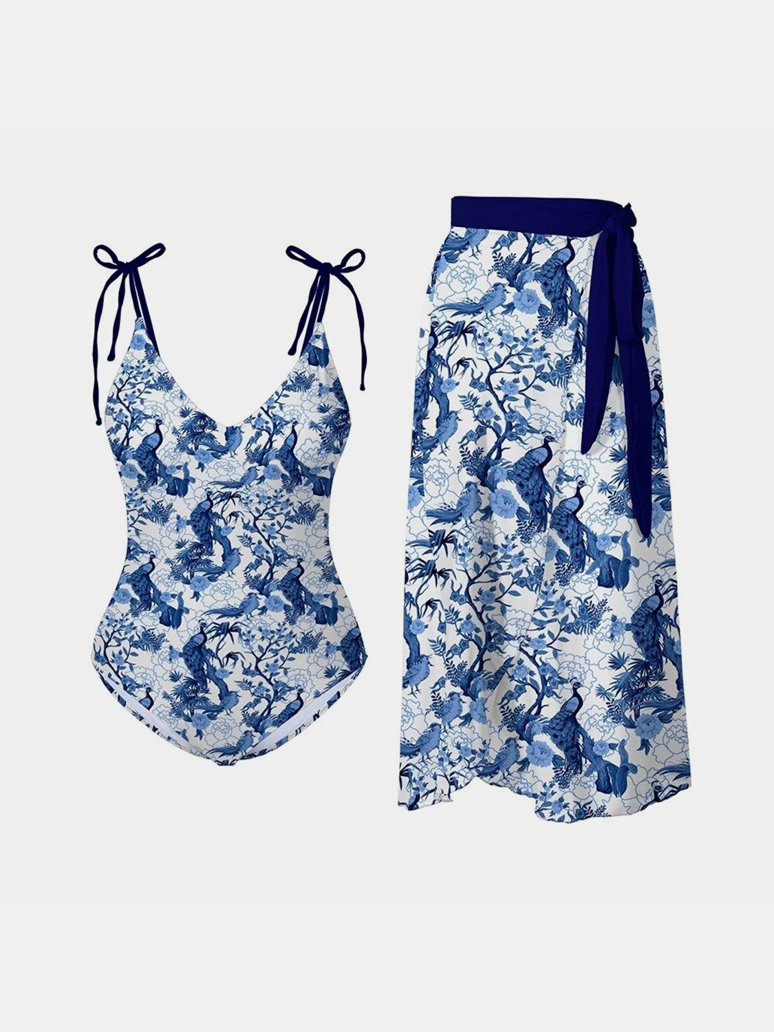 Sunset Vacation  Printed Tie Shoulder Swimwear and Skirt Swim Set Sunset and Swim Dusty  Blue S 