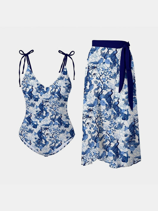 Sunset Vacation  Printed Tie Shoulder Swimwear and Skirt Swim Set  Sunset and Swim Dusty  Blue S 