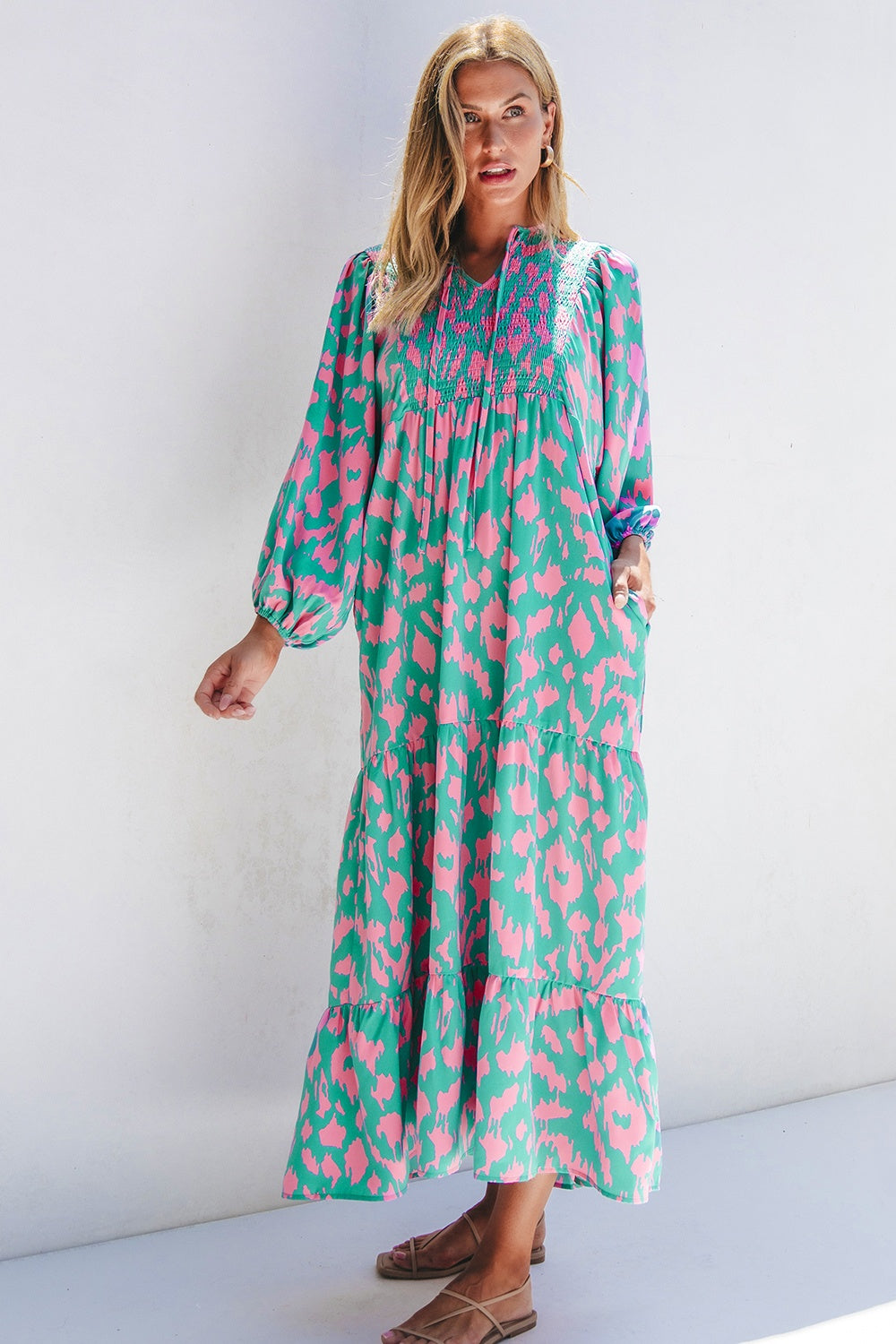 Smocked Printed Tie Neck Long Sleeve Dress Sunset and Swim   