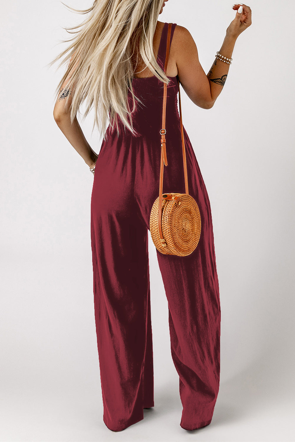 Smocked Square Neck Wide Leg Jumpsuit with Pockets Sunset and Swim   