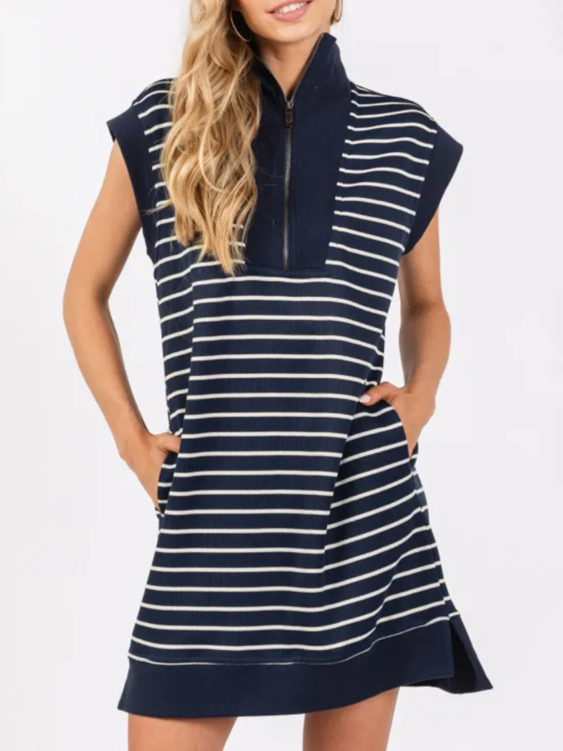 Sunset Vacation Full Size Pocketed Striped Quarter Zip Cap Sleeve Dress Sunset and Swim   