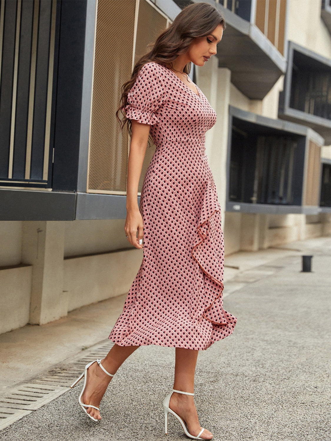 Printed V-Neck Flounce Sleeve Midi Dress Sunset and Swim   