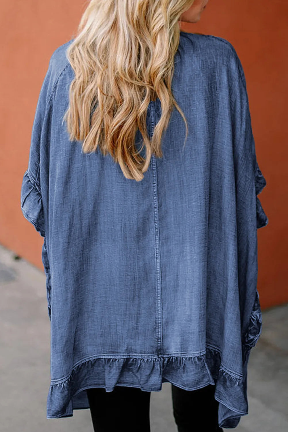 Ruffled Open Front Denim Top Sunset and Swim   