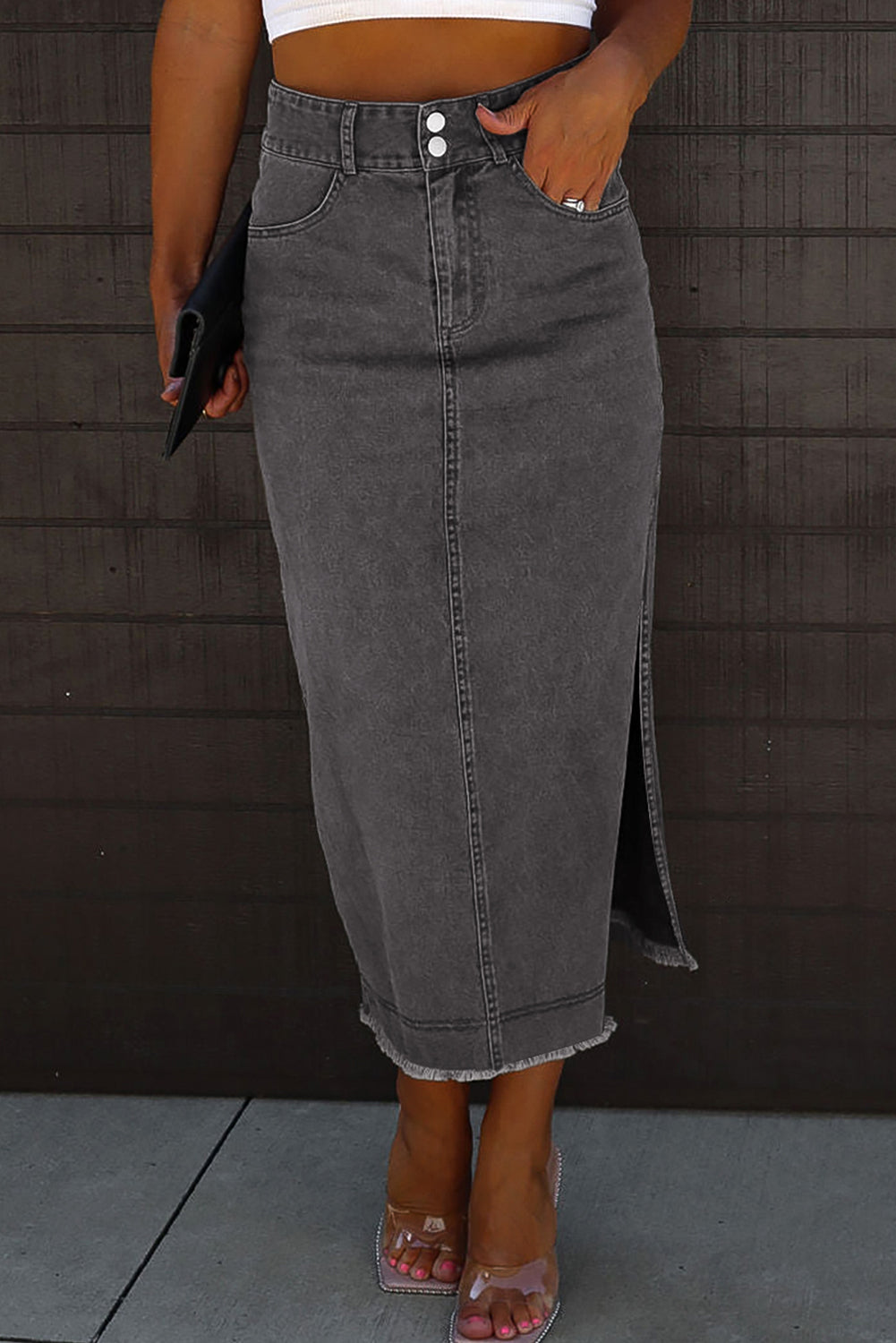 Raw Hem Slit Pocketed Midi Denim Skirt Sunset and Swim Dark S 