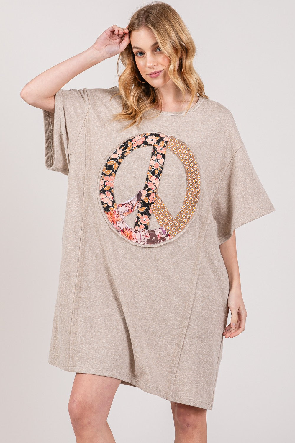 Sunset and Swim  Full Size Peace Sign Applique Short Sleeve Tee Dress Sunset and Swim Oatmeal S 