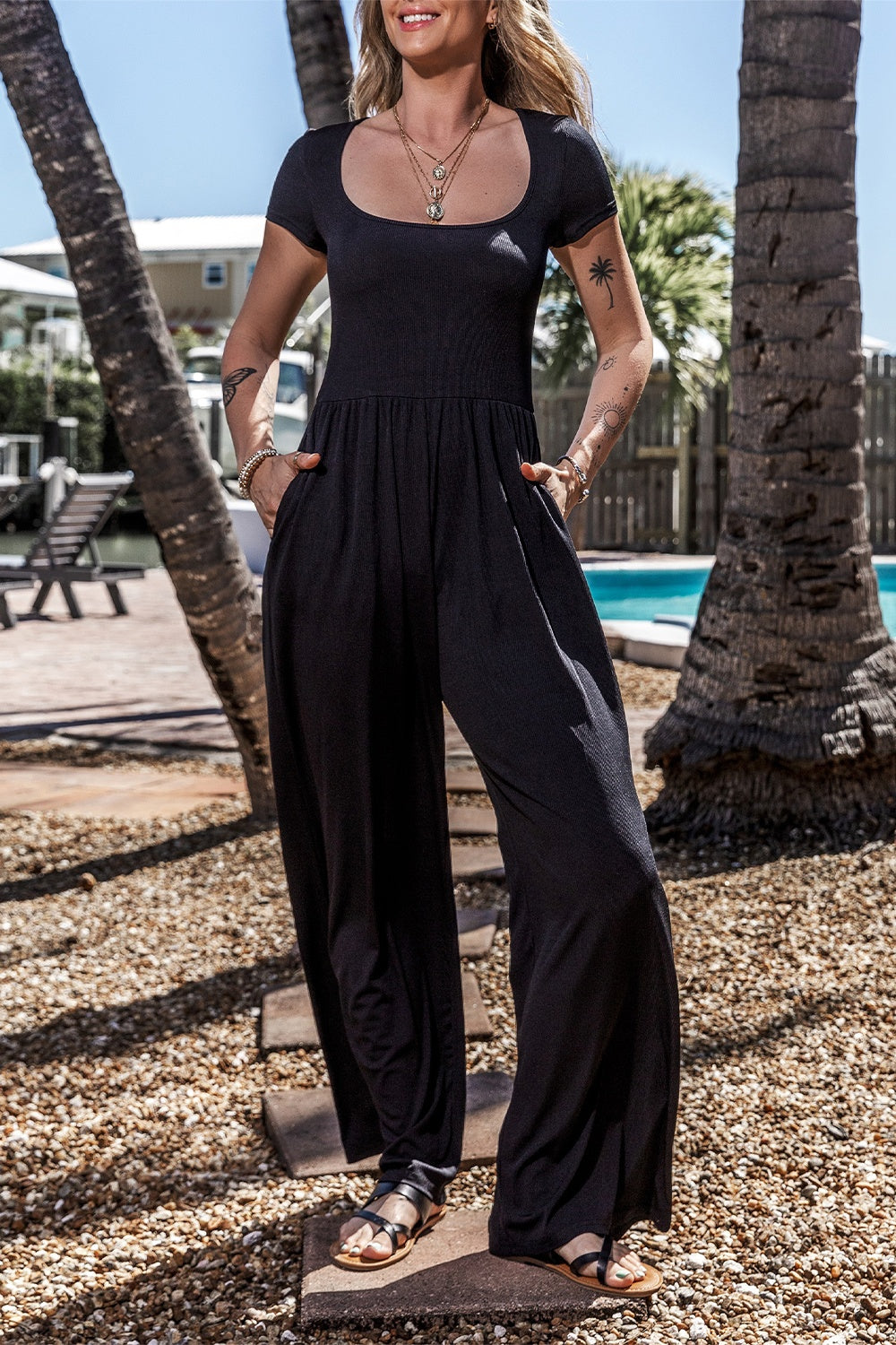 Square Neck Short Sleeve Wide Leg Jumpsuit Sunset and Swim   