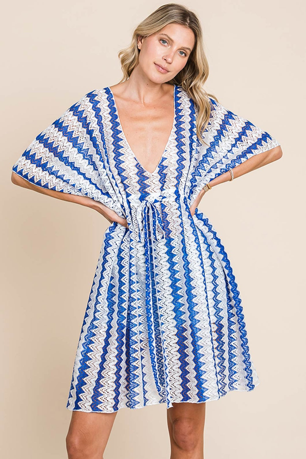 Sunset Vacation  Cotton Bleu by Nu Lab Tied Striped Plunge Half Sleeve Beach Cover Up Sunset and Swim Royal Blue S 