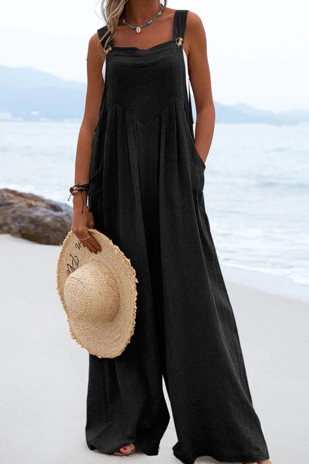 Sleeveless Wide Leg Jumpsuit with Pockets  Sunset and Swim Black S 