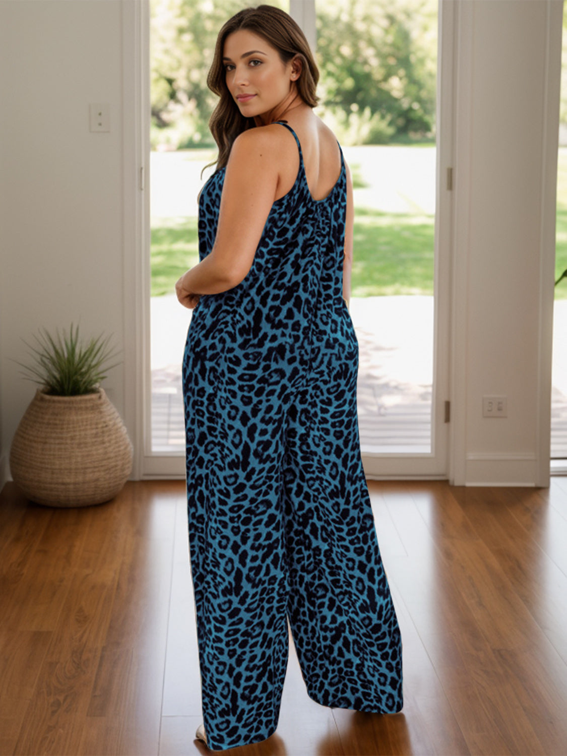 Full Size Leopard Scoop Neck Wide Leg Jumpsuit Sunset and Swim Deep Teal S 