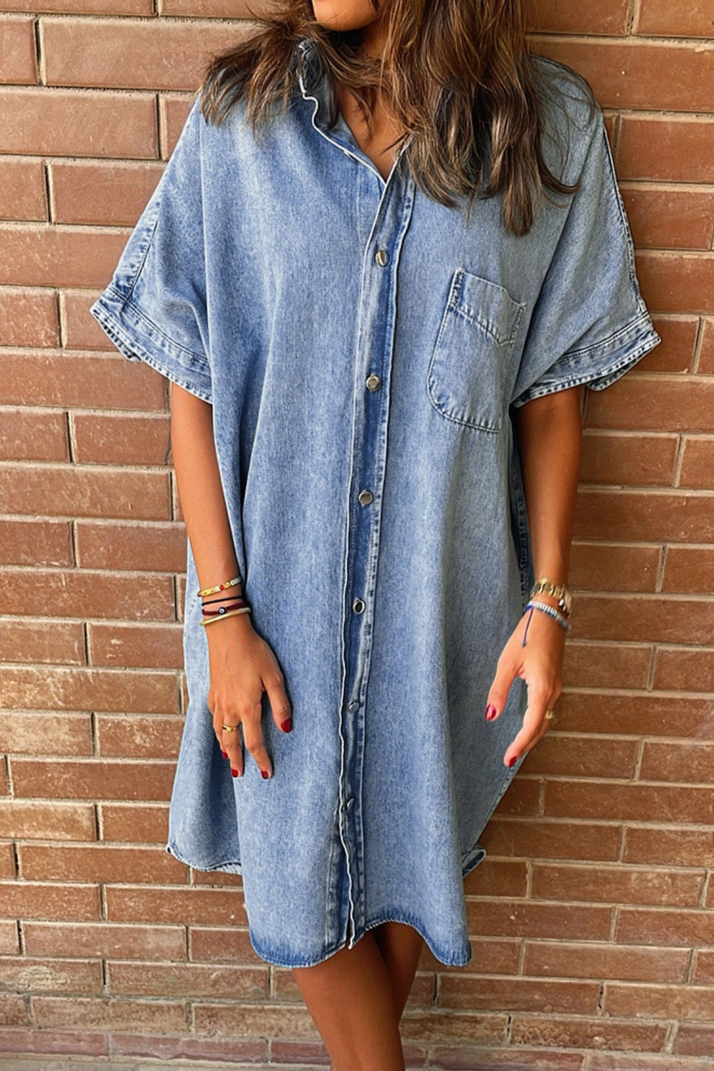 Pocketed Button Up Half Sleeve Denim Dress Sunset and Swim   