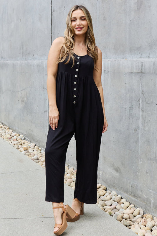 HEYSON All Day Full Size Wide Leg Button Down Jumpsuit in Black  Sunset and Swim Black S 