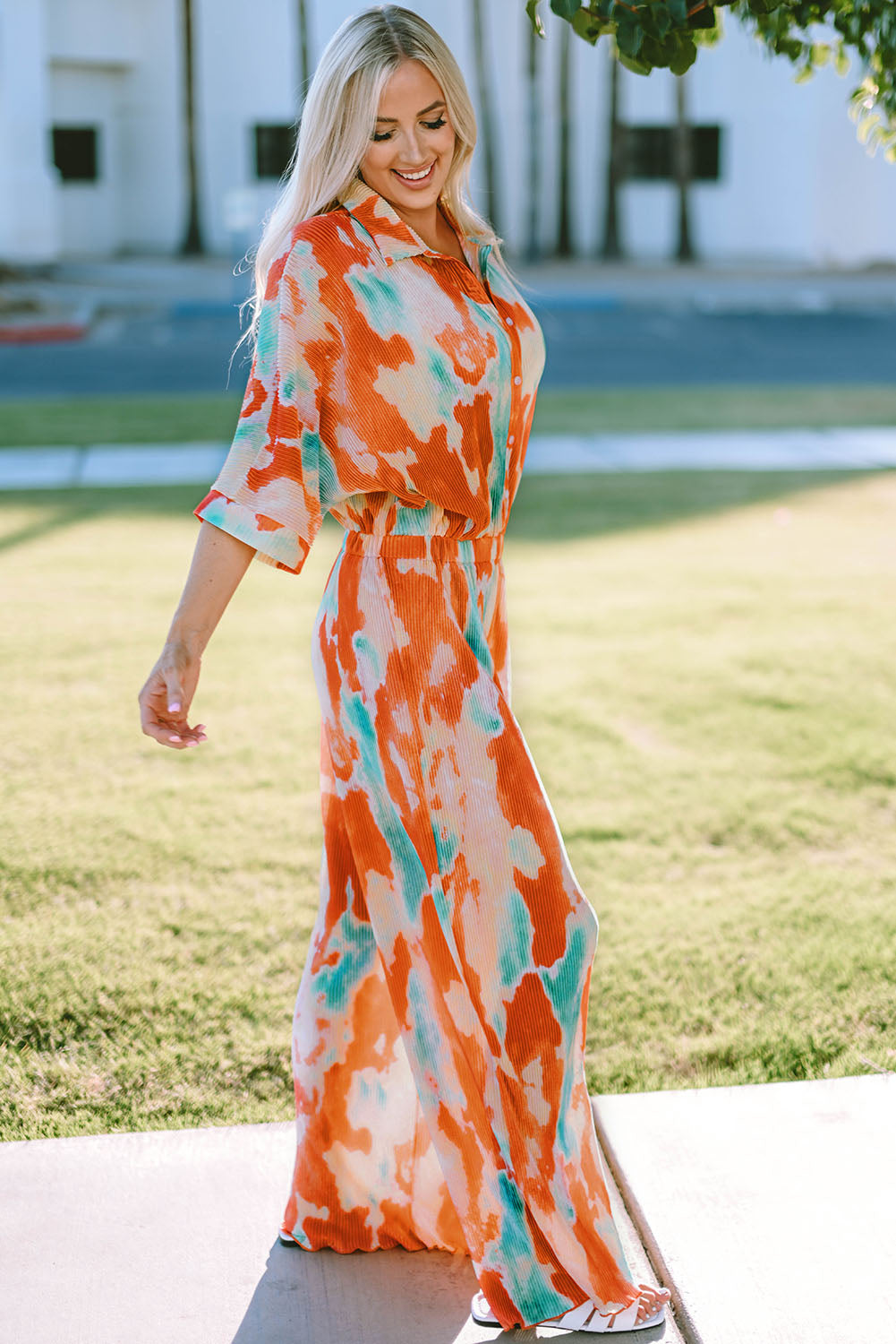 Tie-Dye Collared Wide Leg Jumpsuit Sunset and Swim   