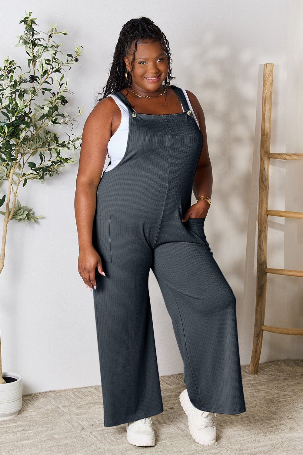 Double Take Plus Size Wide Strap Overall with Pockets Sunset and Swim Cloudy Blue S 