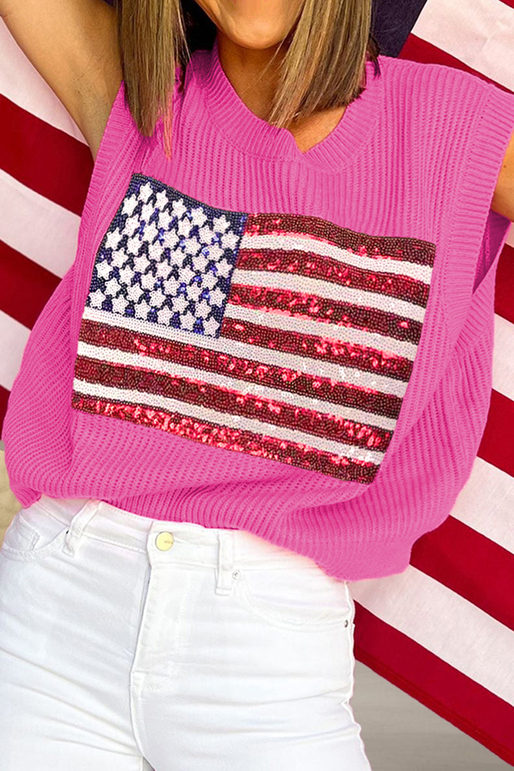 Sequin US Flag Round Neck Sweater Vest Sunset and Swim Fuchsia Pink S 