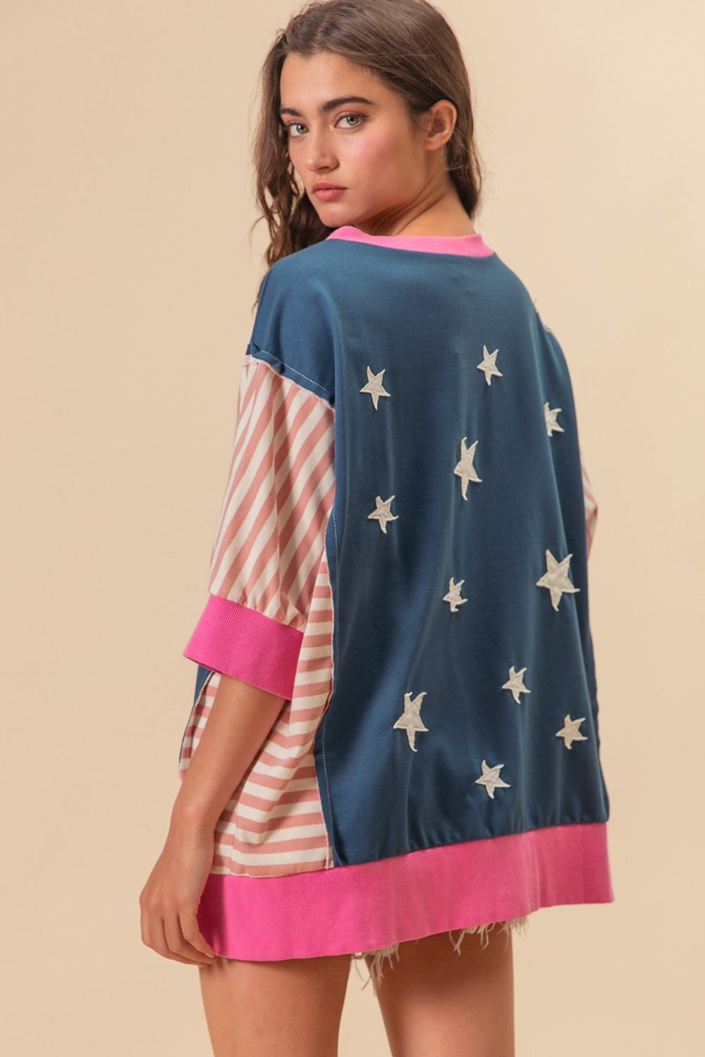 BiBi US Flag Theme Color Block Star Patch T-Shirt Sunset and Swim   