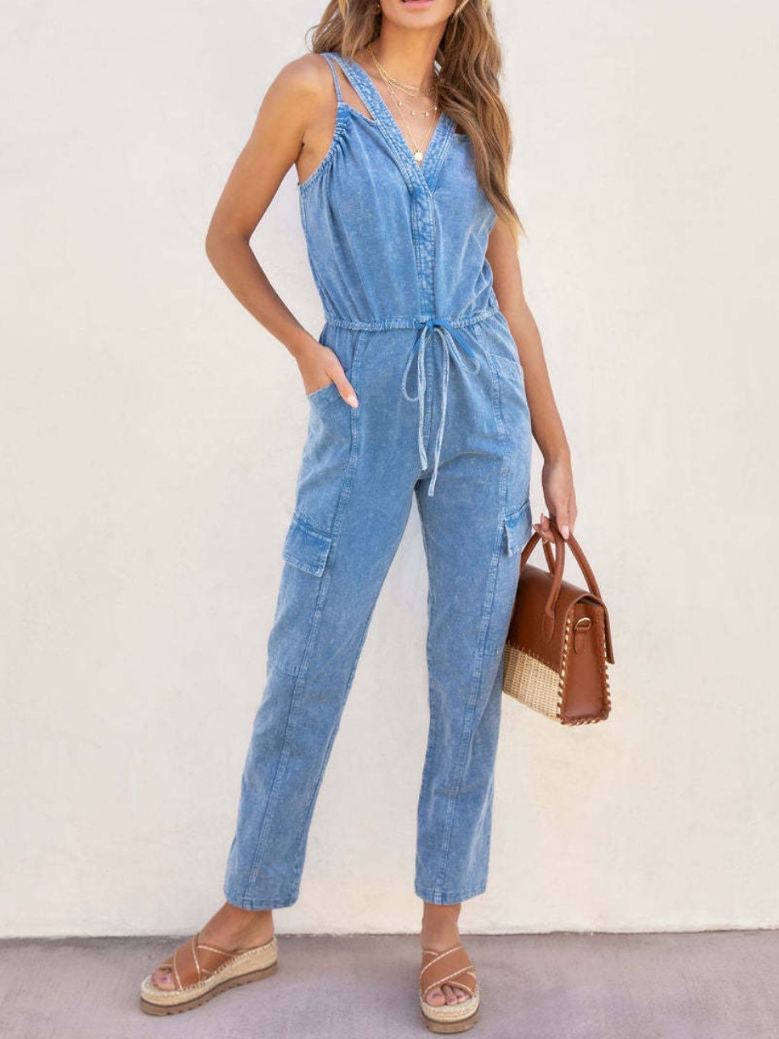 V-Neck Sleeveless Denim Jumpsuit Sunset and Swim Medium S 