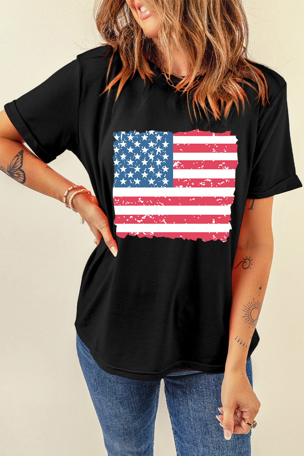 USA Flag Round Neck Short Sleeve T-Shirt Sunset and Swim   