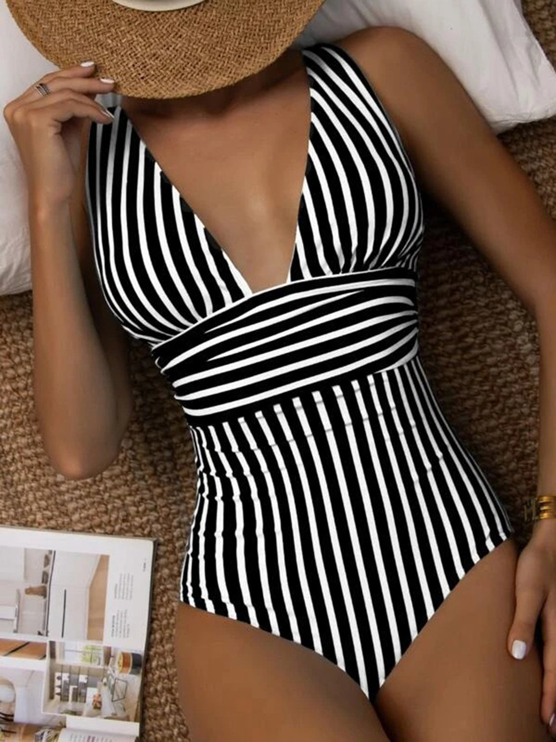 Striped Plunge Sleeveless One-Piece Swimwear Sunset and Swim   