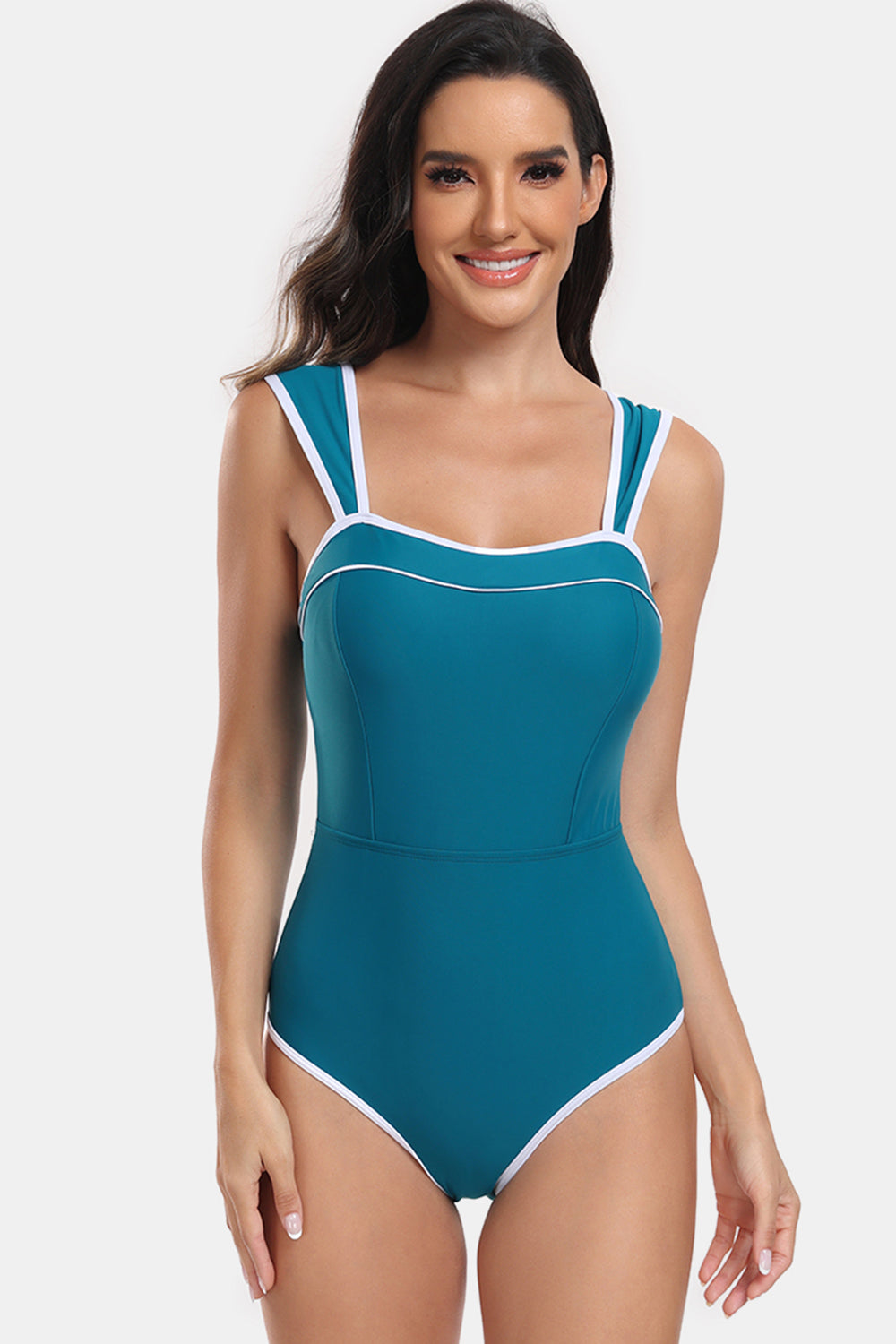 Sunset Vacation  Contrast Trim Wide Strap One-Piece Swimwear Sunset and Swim Teal S 