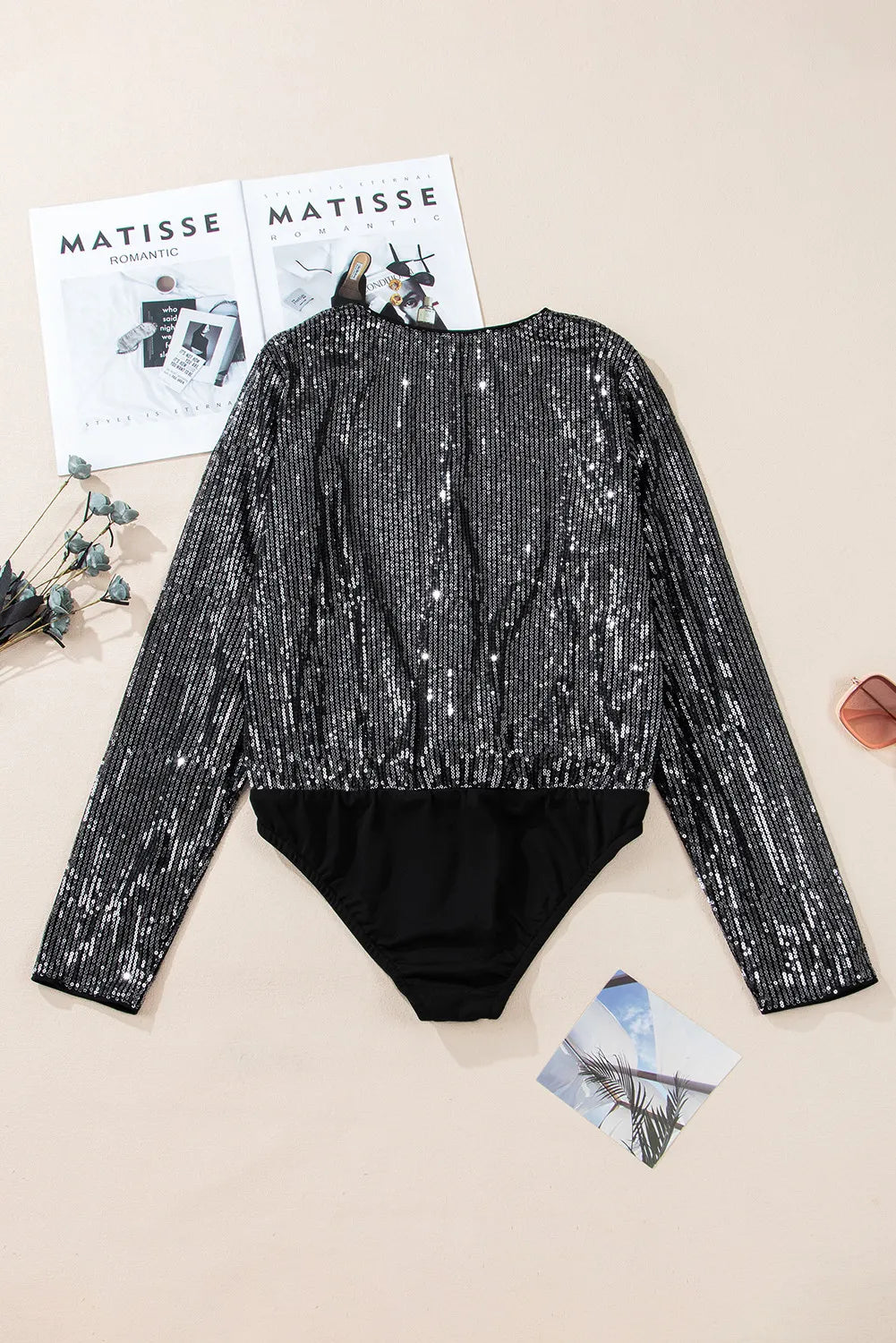 Sequin Surplice Long Sleeve Bodysuit Sunset and Swim   