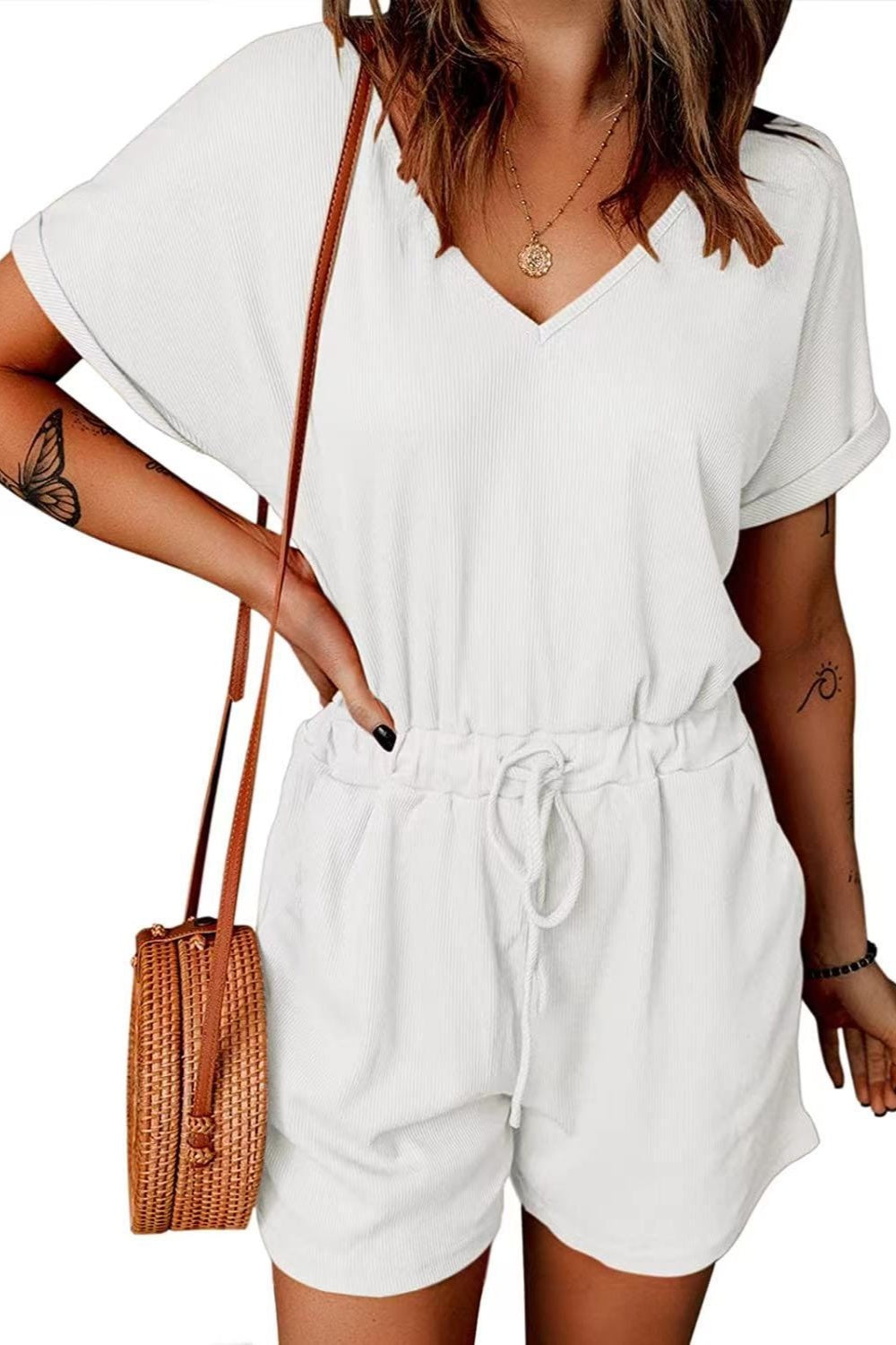 Plus Size Drawstring V-Neck Short Sleeve Romper Sunset and Swim   