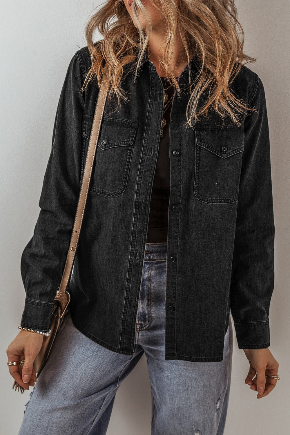 Button Up Long Sleeve Denim Jacket Sunset and Swim Black S 