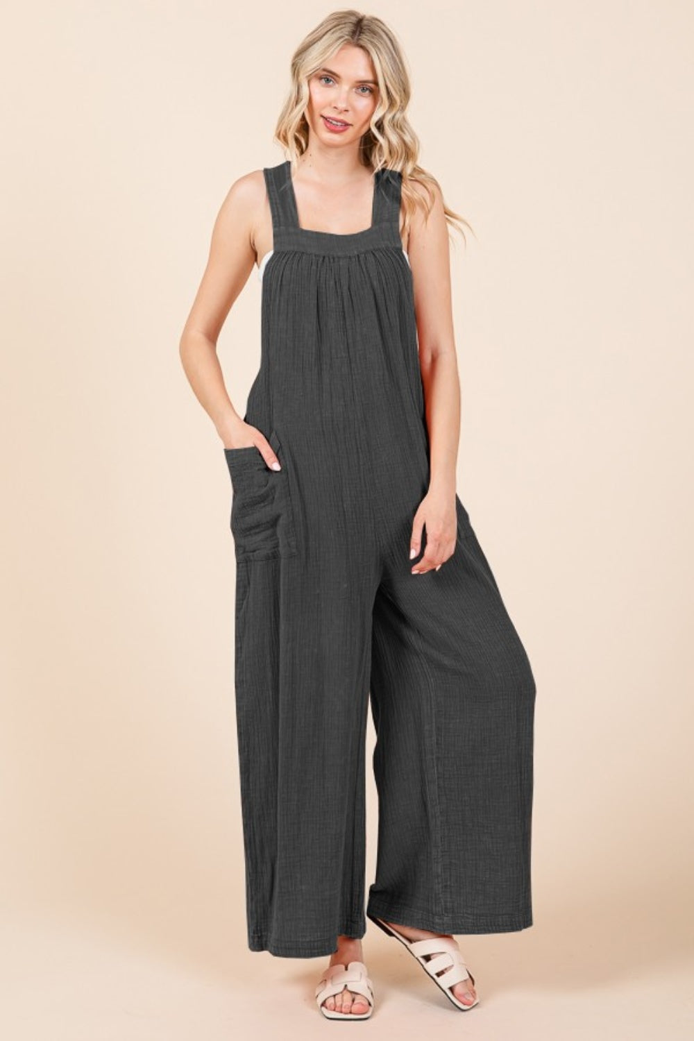 Culture Code Pocketed Sleeveless Wide Leg Overalls Sunset and Swim Black S 