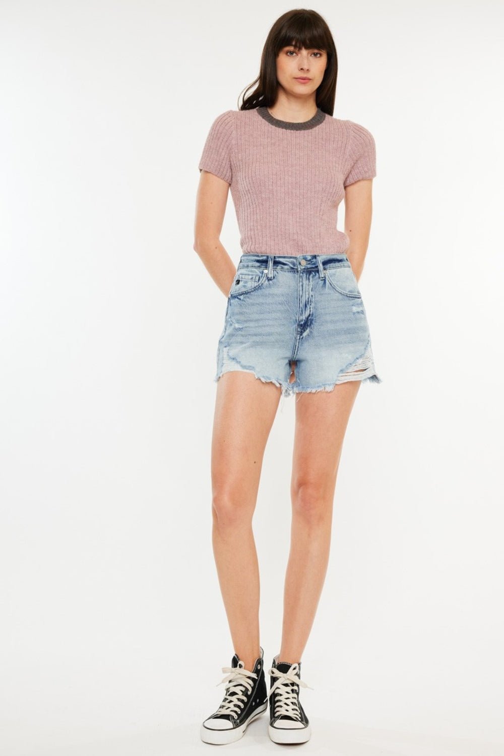 Kancan Distressed High Waist Denim Shorts with Pockets Sunset and Swim   