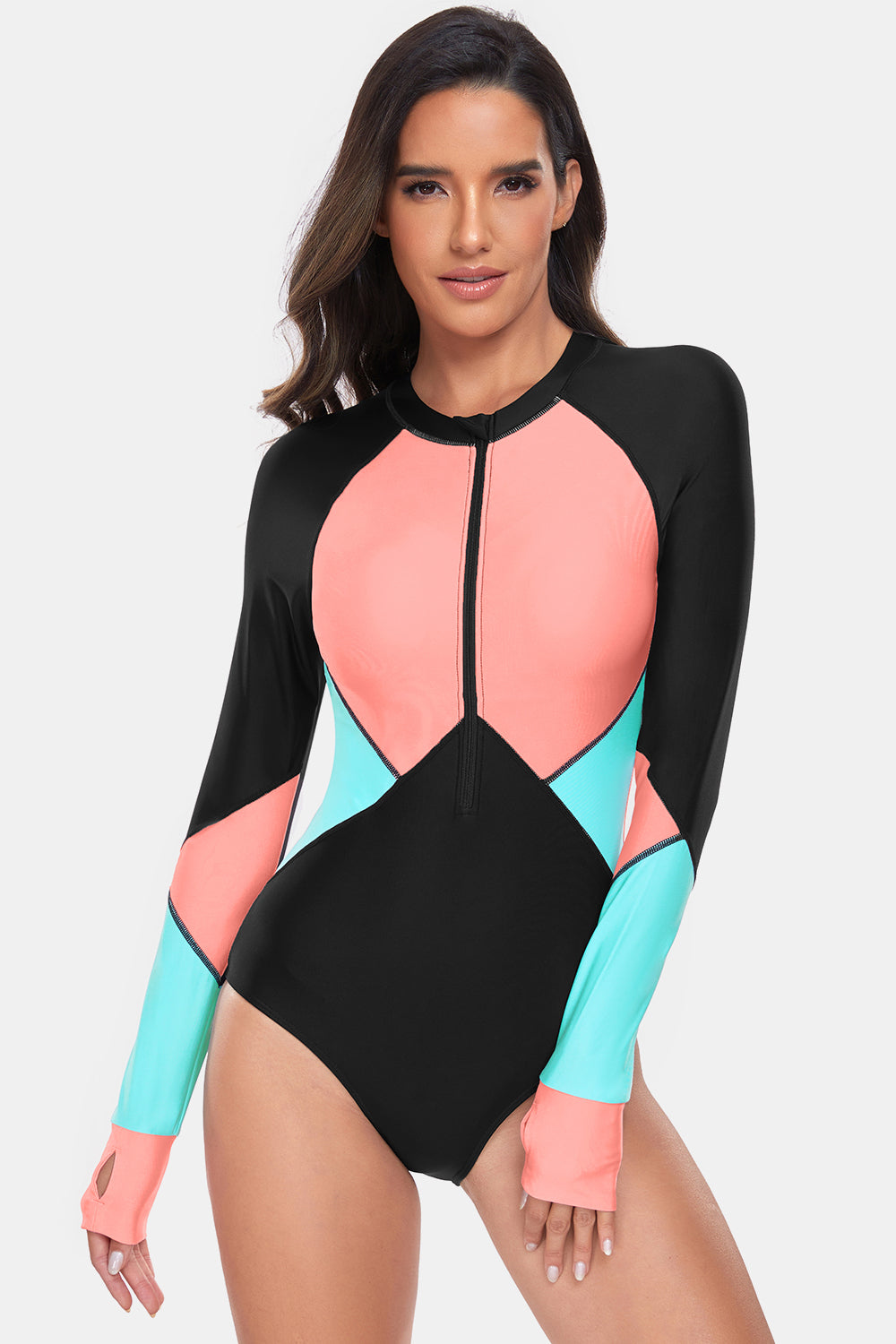 Sunset Vacation Color Block Half Zip Long Sleeve One-Piece Swimwear Sunset and Swim Burnt Coral S 