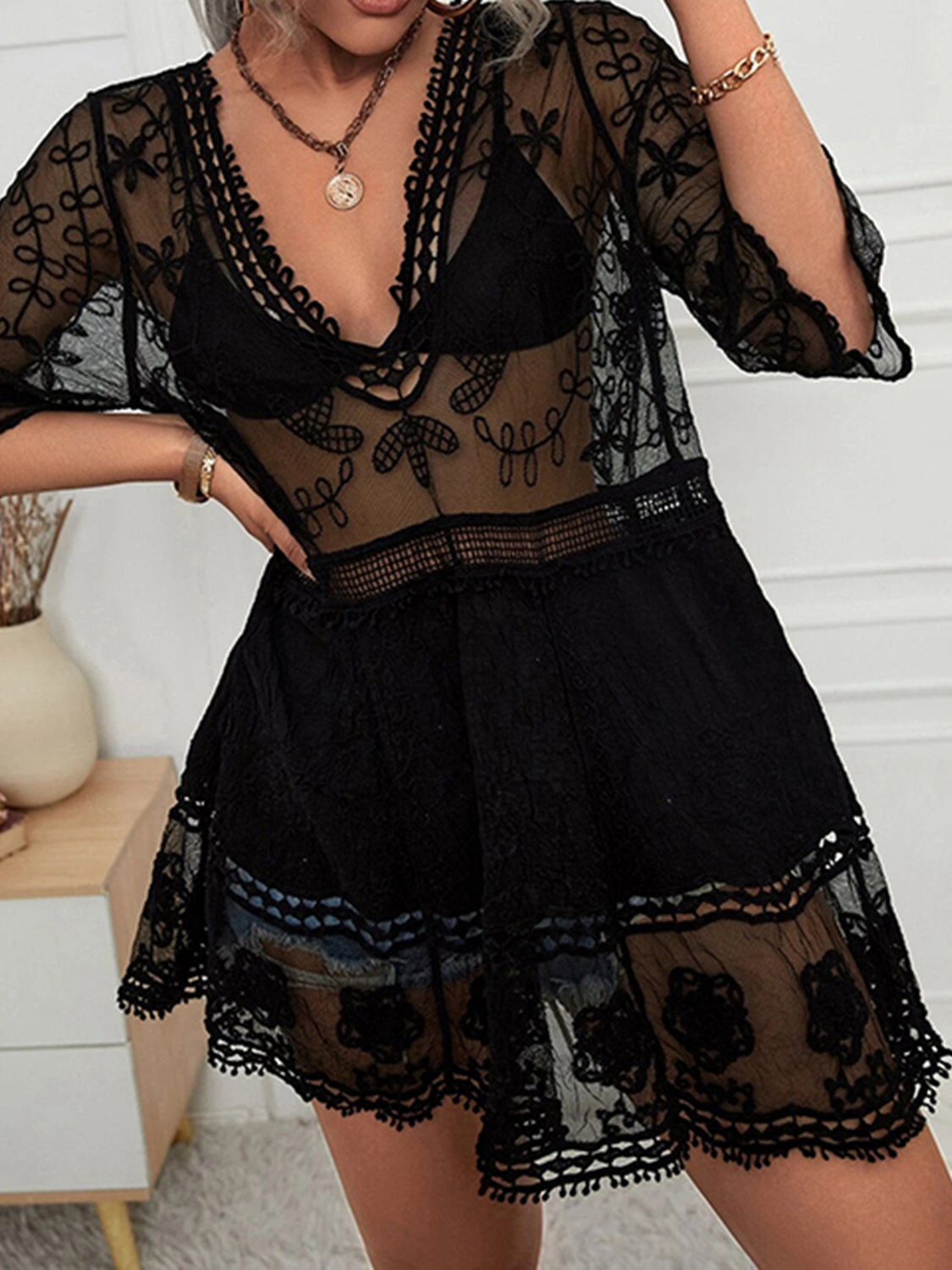 Sunset Vacation  Lace Detail Plunge Cover-Up Dress  Sunset and Swim Black One Size 