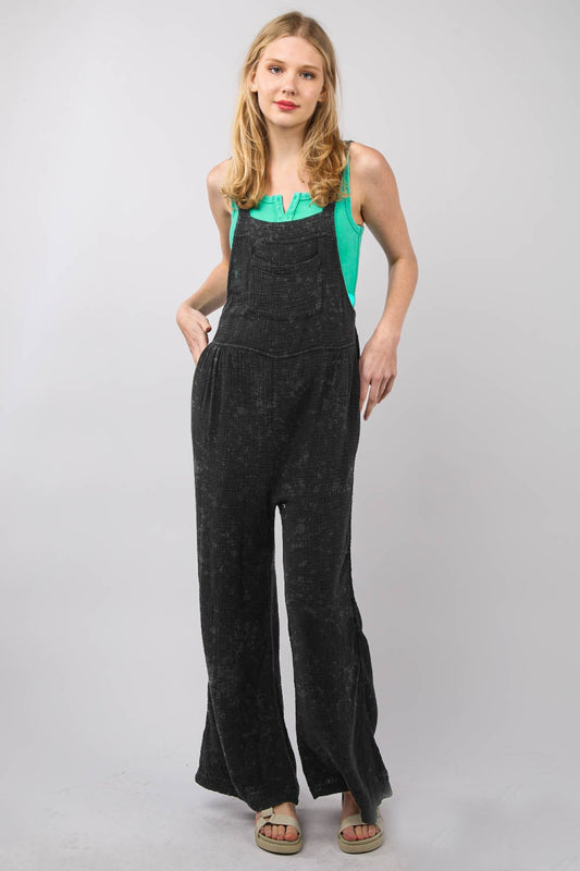 Sunset and Swim  Texture Washed Wide Leg Overalls  Sunset and Swim Black S 