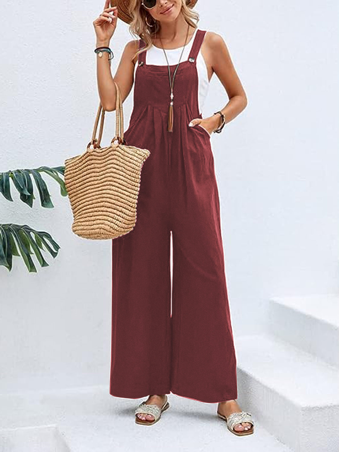 Full Size Wide Leg Overalls with Pockets Sunset and Swim Wine S 