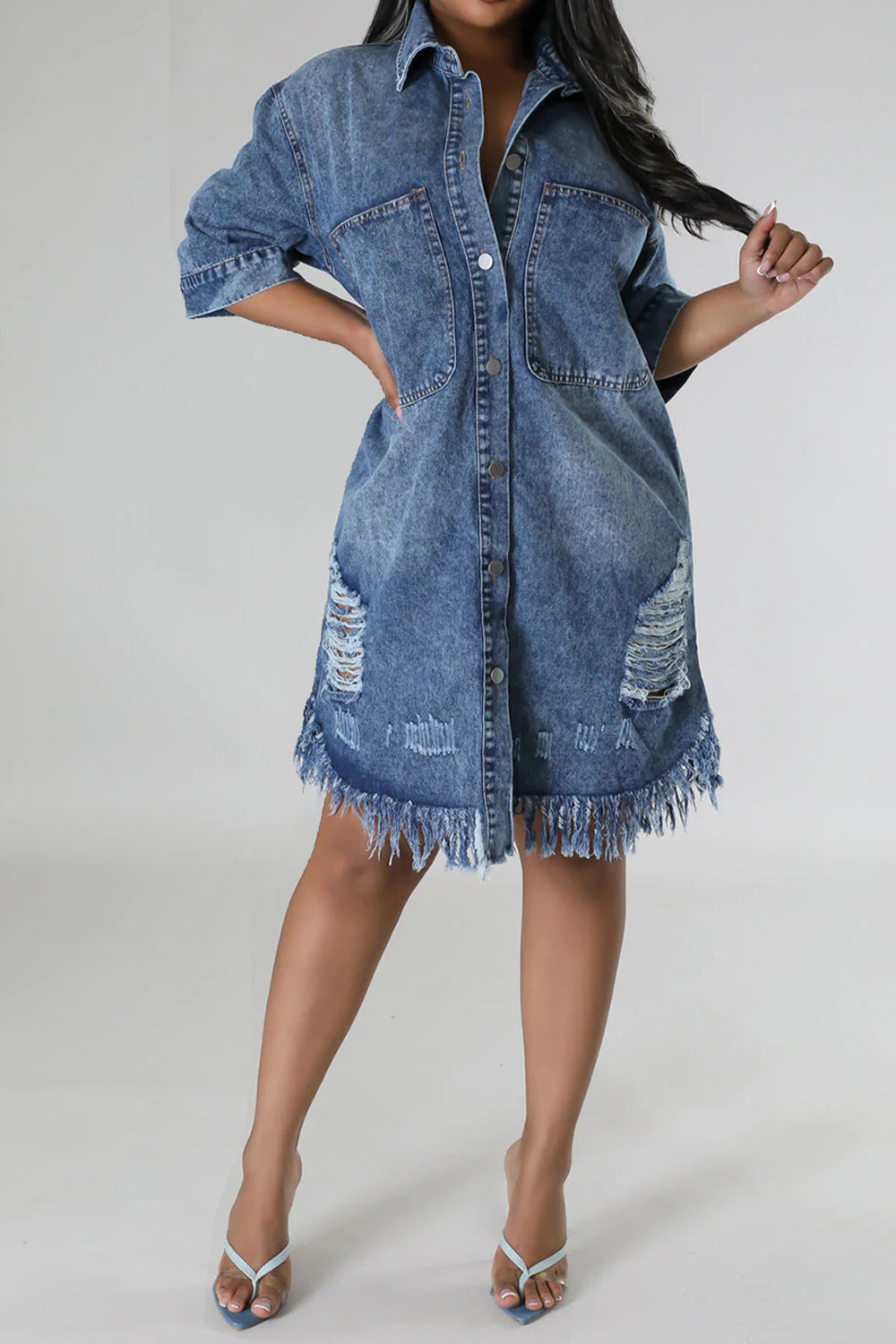 Sunset Vacation  Distressed Raw Hem Button Up Denim Dress Sunset and Swim   