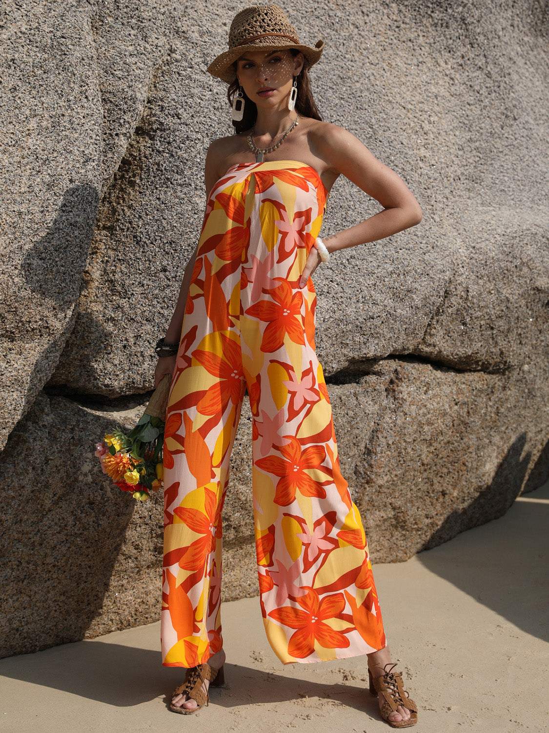 Tied Printed Tube Wide Leg Jumpsuit Sunset and Swim   