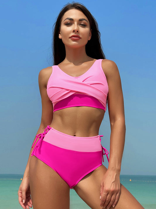 Sunset Vacation  Ruched Wide Strap Two-Piece Swimwear  Sunset and Swim Hot Pink S 