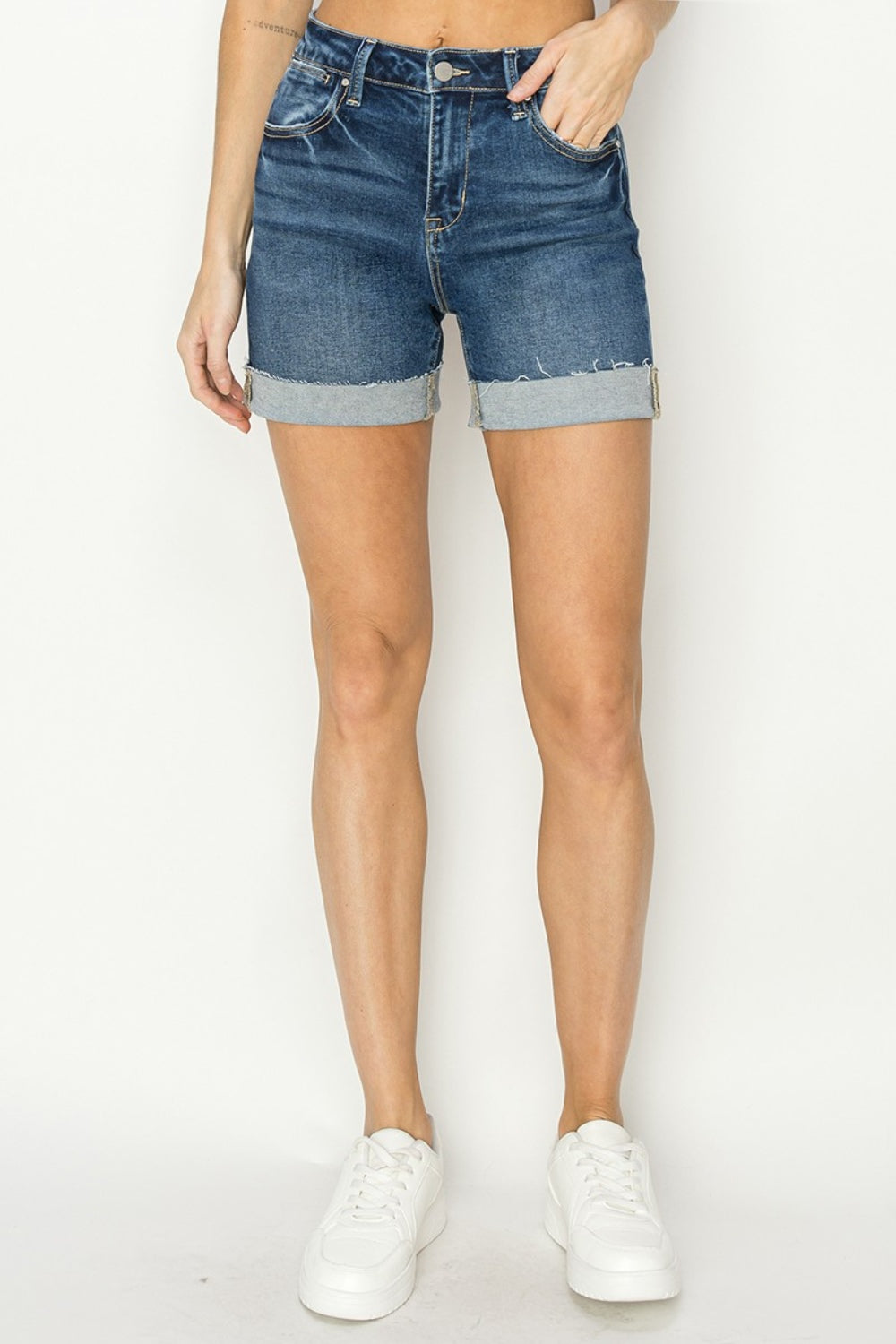 RISEN High Rise Cuffed Denim Shorts Sunset and Swim   