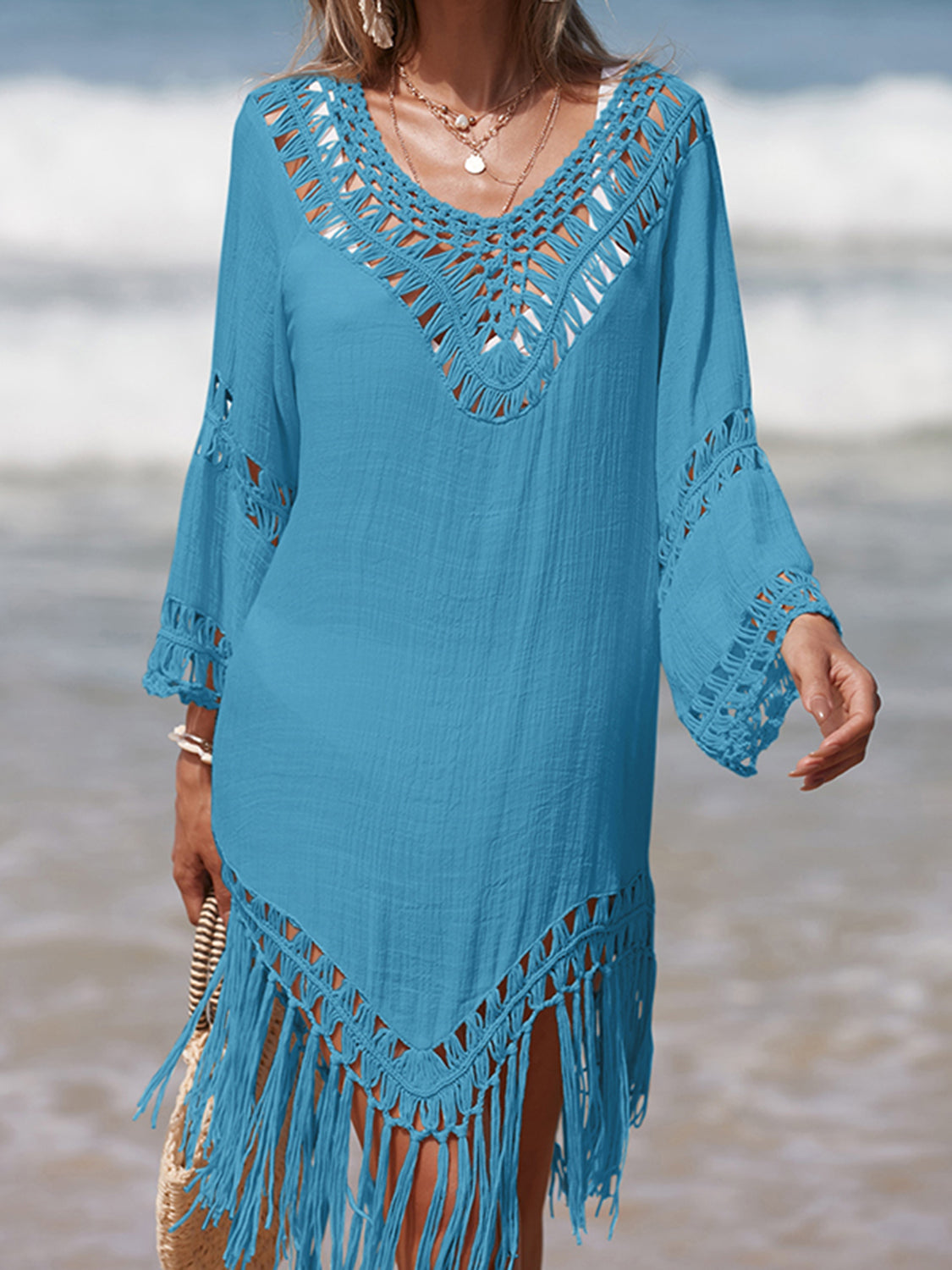 Sunset Vacation  Cutout Fringe Scoop Neck Beach Cover Up Sunset and Swim Sky Blue One Size 