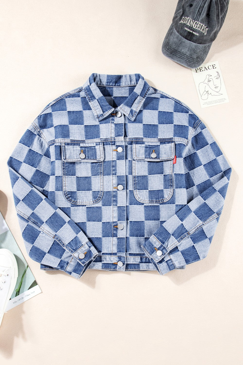 Checkered Button Up Long Sleeve Denim Jacket Sunset and Swim   